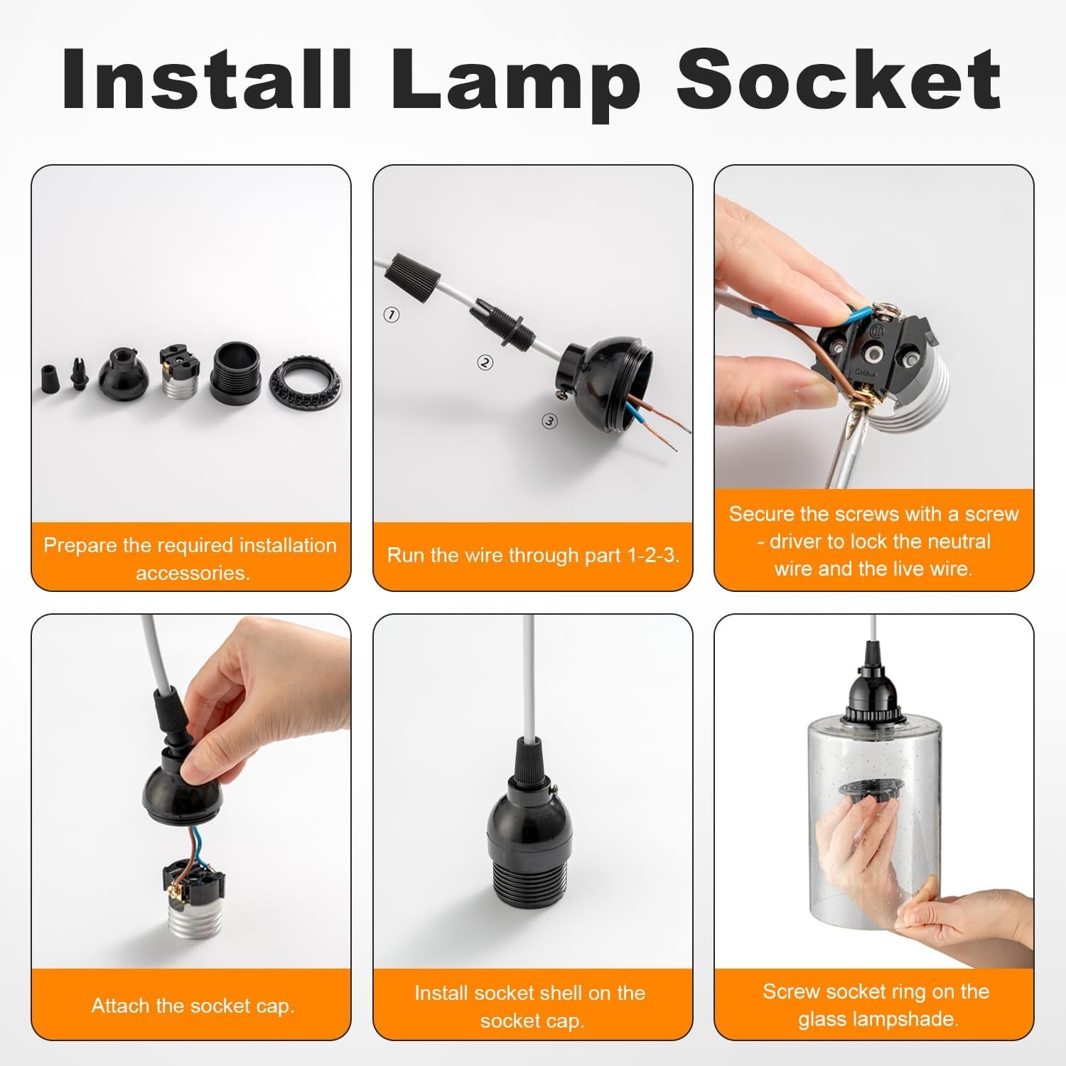 Keyless Socket Replacement with Shade Ring, E26 Pendant Light Socket, Medium ...
