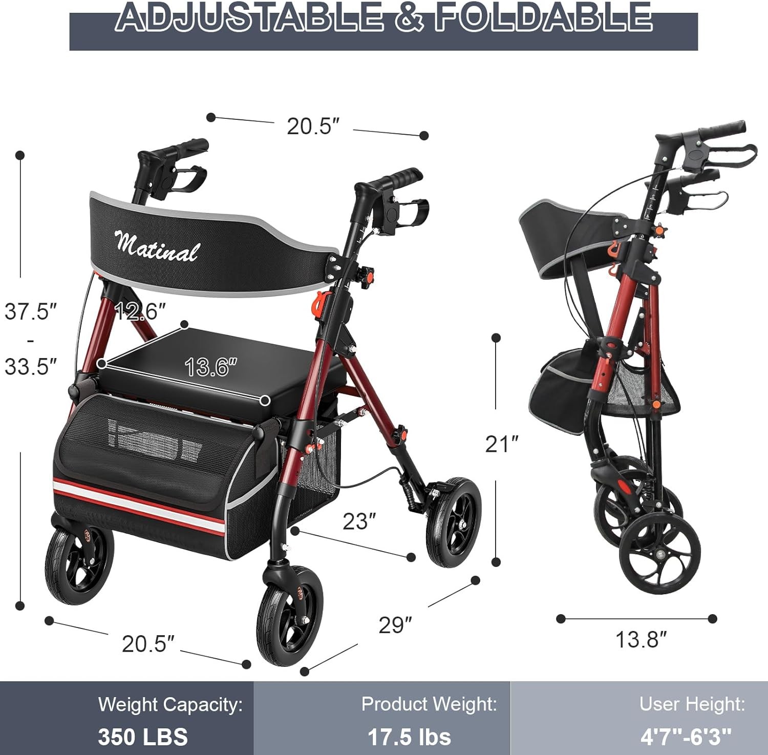 Walkers for Seniors, Rollator Walker with Seat, Seniors Red