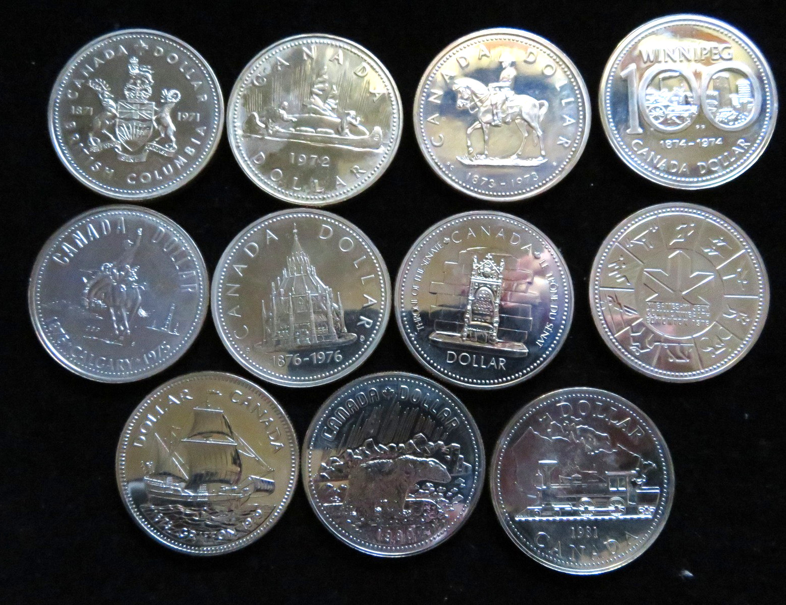 Canada. Date Run of 11 Silver Dollars - 1971 to 1981.  All .375oz ASW each.  UNC