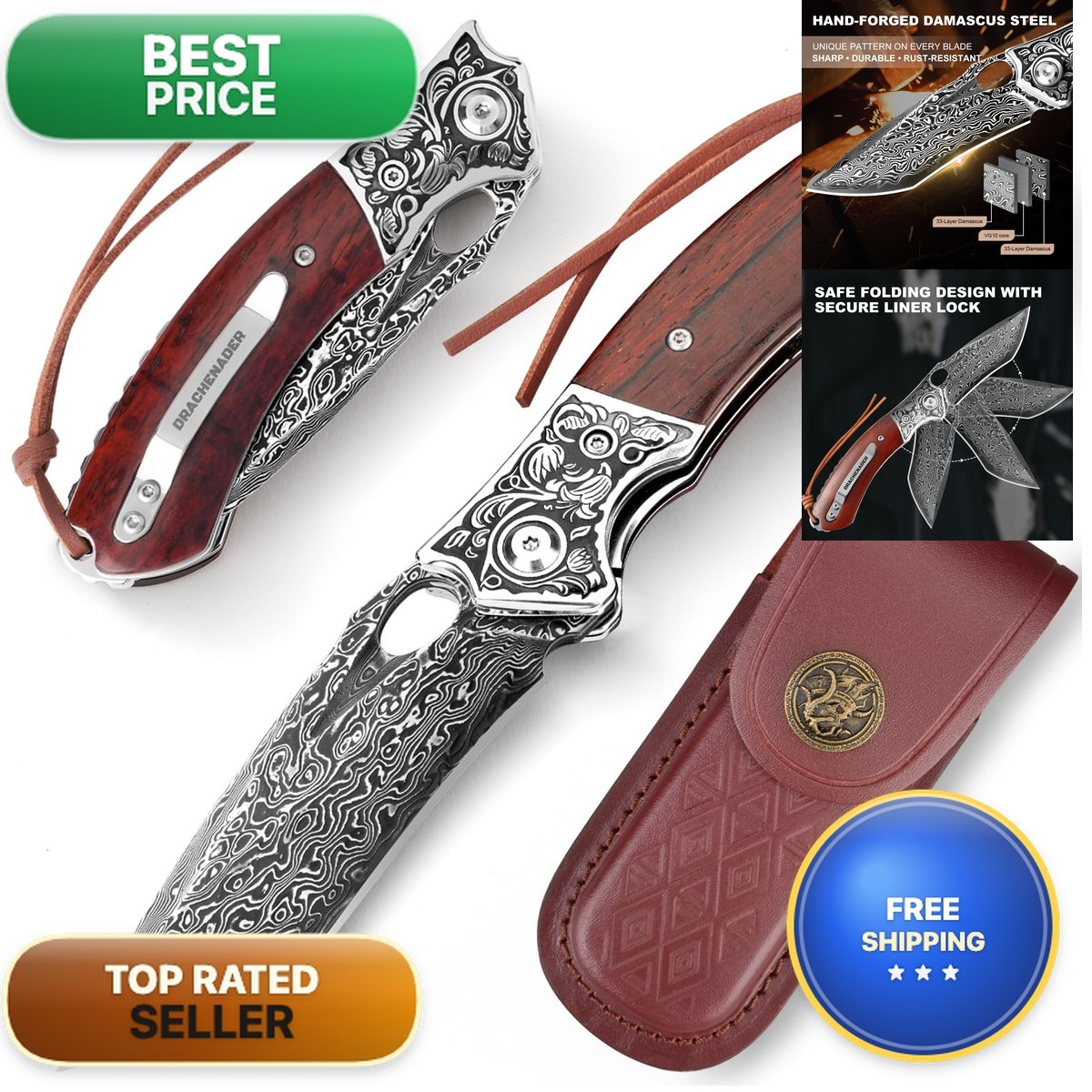 DRACHENADER 7.8" Damascus Pocket Knife 67-Layer Red Leather Sheath Clip