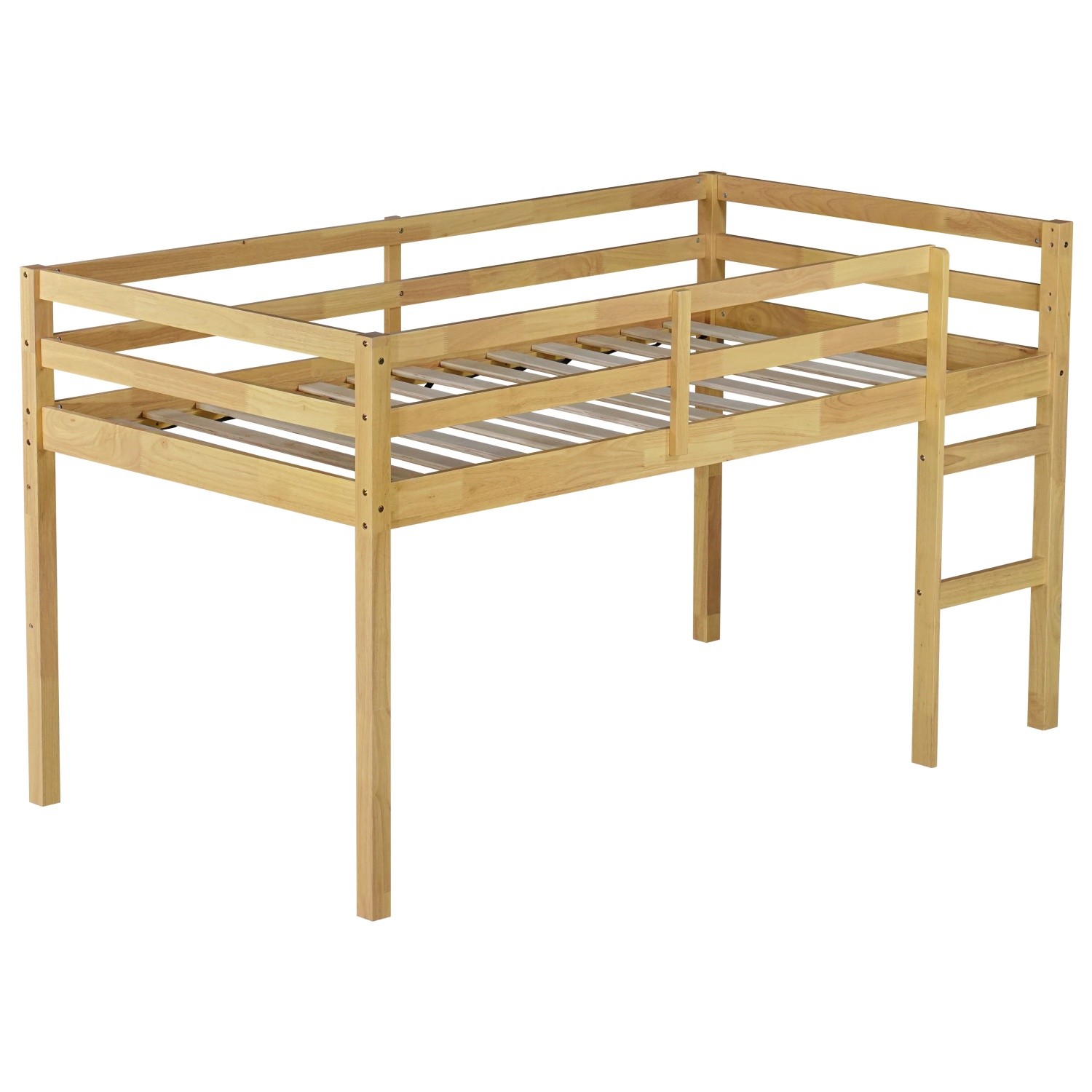 Twin Size Wooden Loft Bed Frame w/ Ladder & Strengthened Slats for Kids Teens