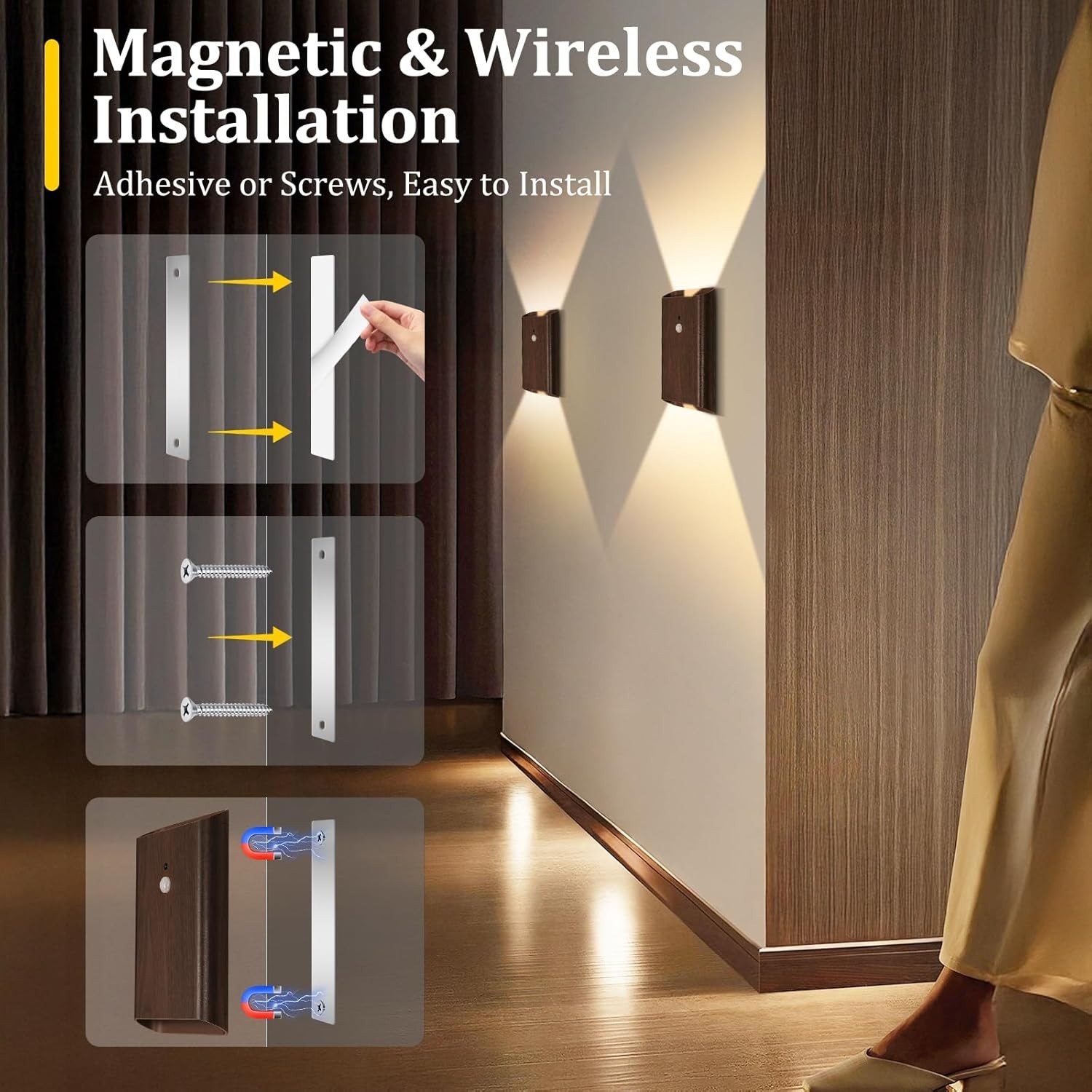 Rechargeable Motion Sensor Wall Light - 3 Colors Battery Powered Wireless Wal...