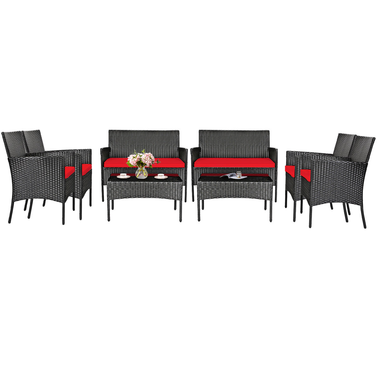 Patiojoy 8-Piece Rattan Patio Conversation Set Cushioned Sofa with Coffee Table