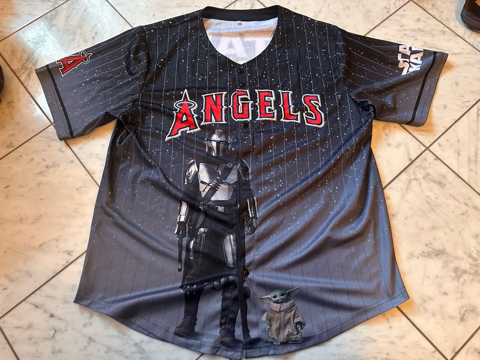 Anaheim Angels Star Wars Mandalorian Baby Grogu SGA XL Jersey Adult Black Rare