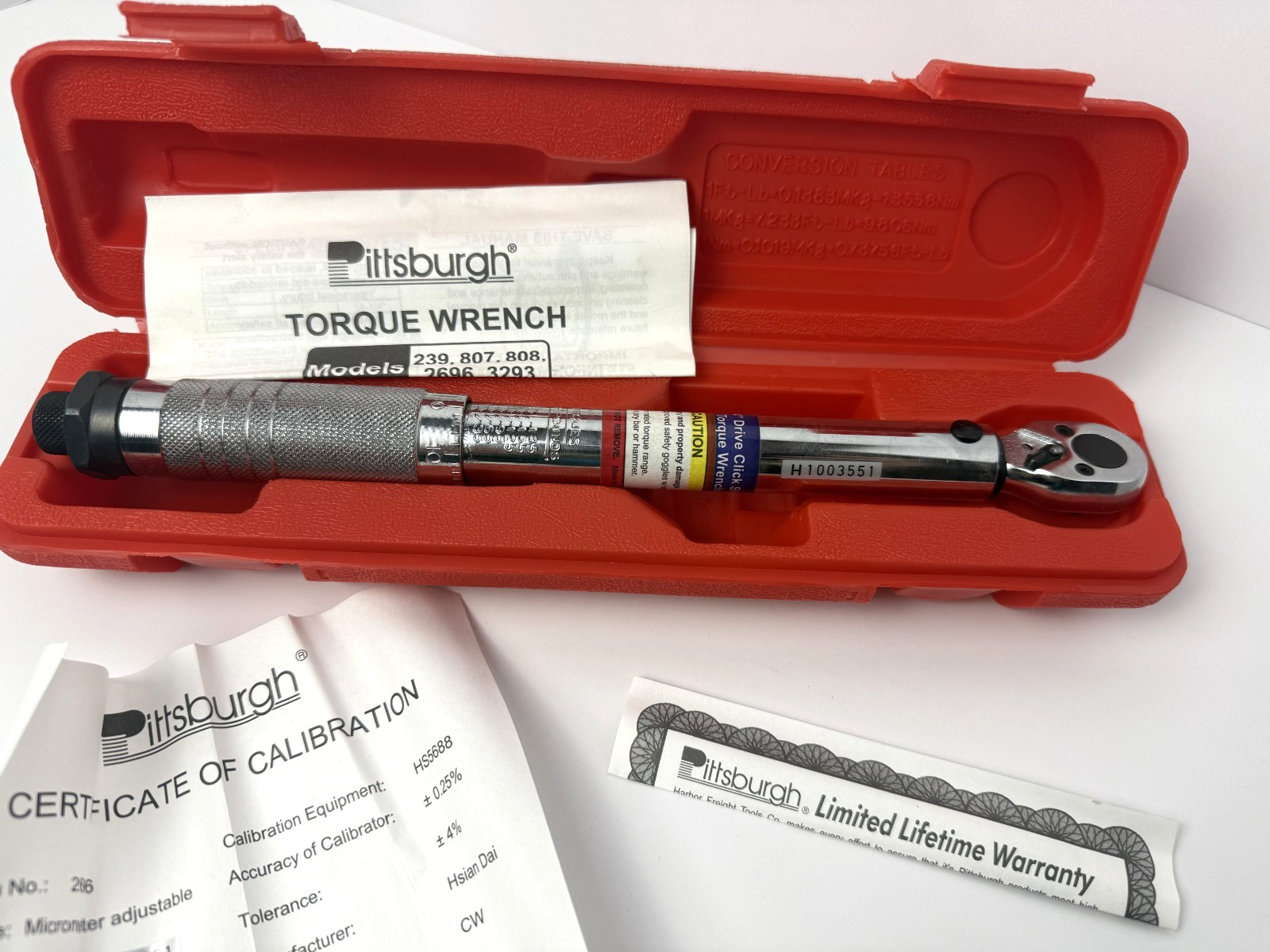 Vtg Pittsburgh 1/4" Square Drive Torque Wrench Model #2696 w/Orig Box & Papers