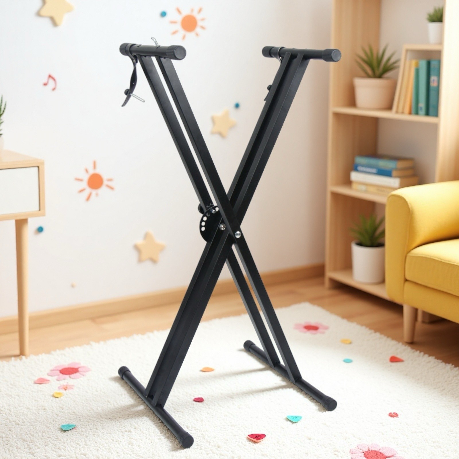 Folding X-Style Keyboard Stand - Double Braced Adjustable Dual-Tube Metal Black