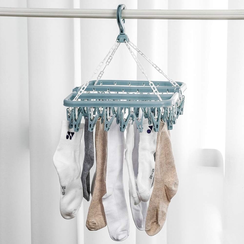 Clothes Drying Hanger with 32 Clips and Drip Foldable Hanging Rack (Light Blue)