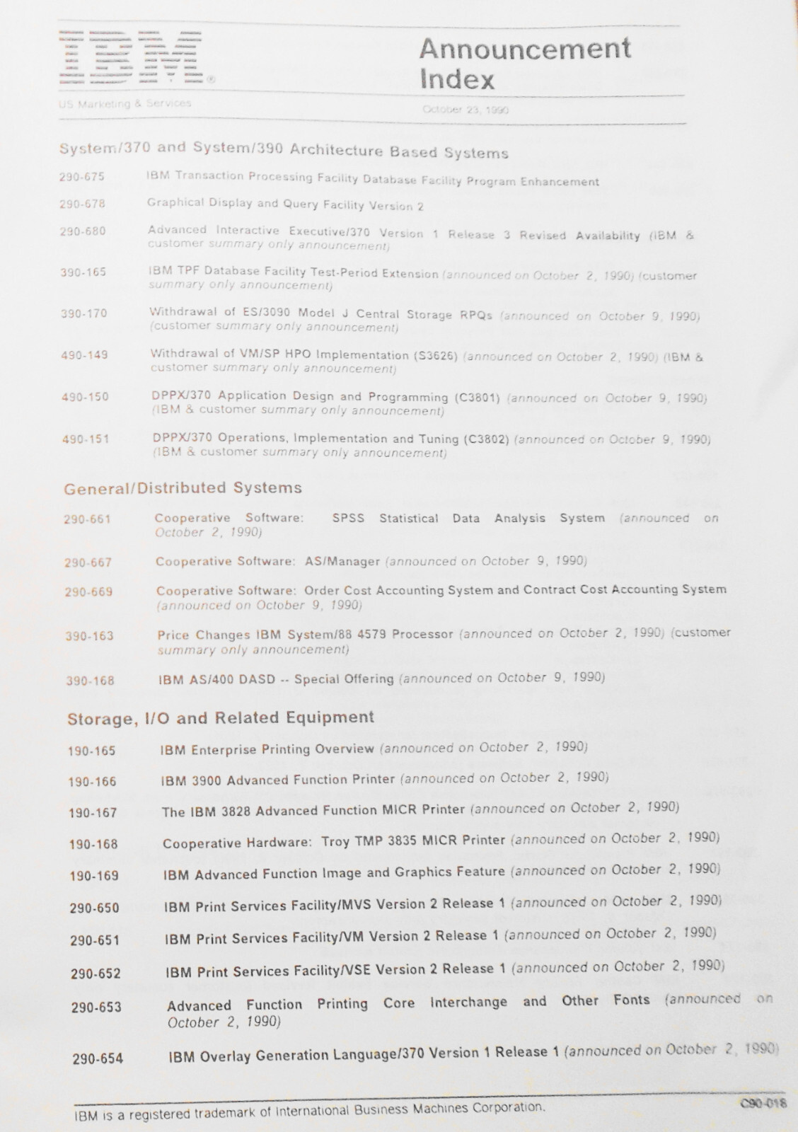 IBM Announcement Letter Summary, 10/23/1990 : System/370, Cooperative Processing