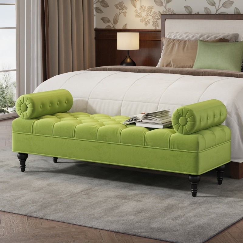 Modern Bedroom Bench for End Bed,Velvet Upholstered Bench w/2 Detachable Pillows