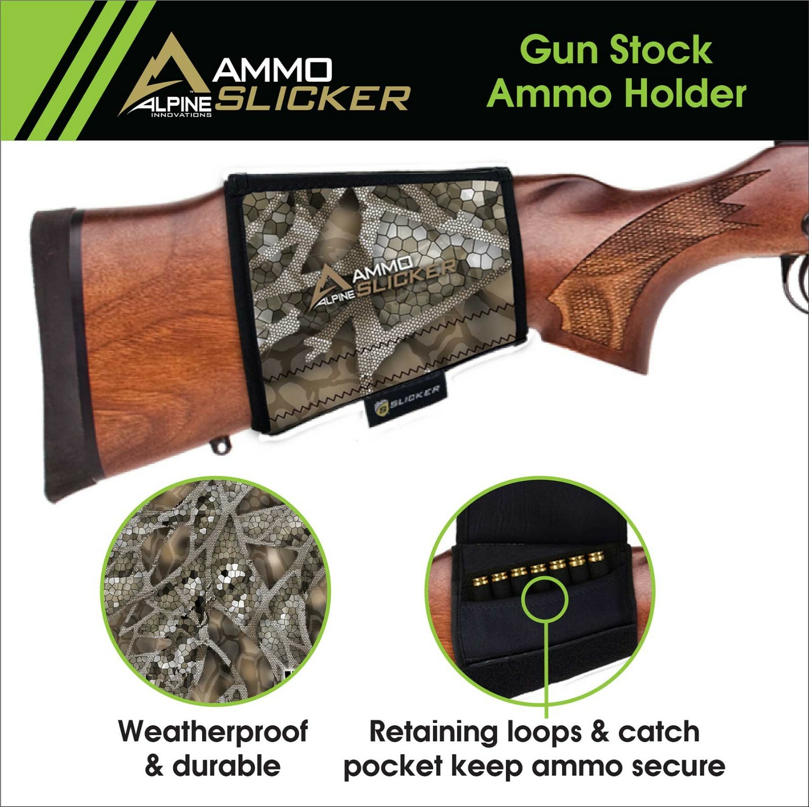 Alpine Ammo Slicker® Shotgun Shell Rifle Cartridge Butt stock ammo holder US