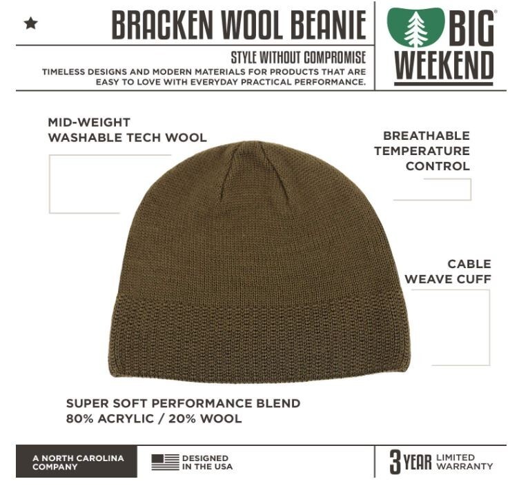 NEW! Big Weekend Bracken Beanie, Snow Tech Wool Blend - BROWN