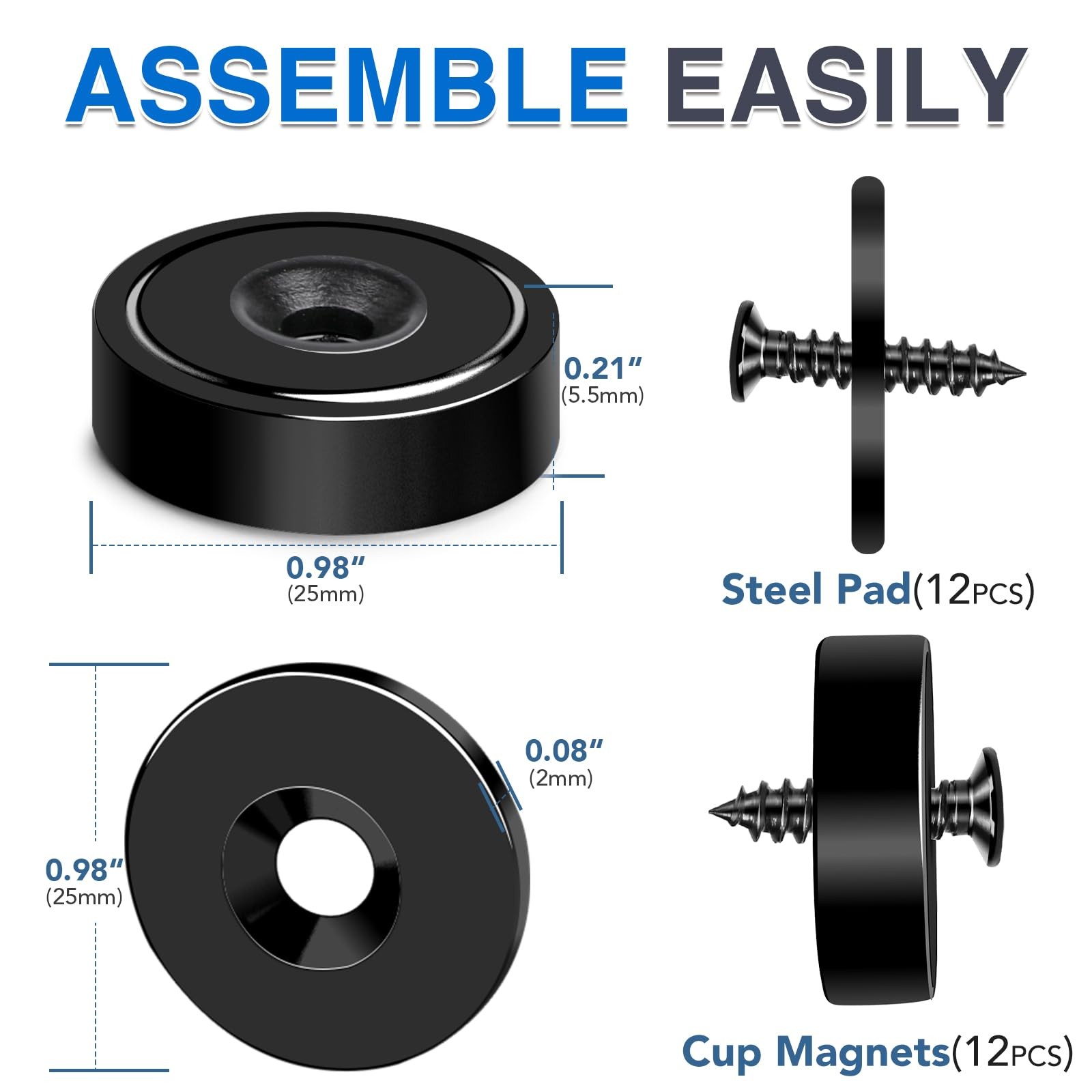 MIKEDE 12Pack Strong Neodymium Cup Magnets, 70Lbs+ Force Heavy Duty Black Rou...