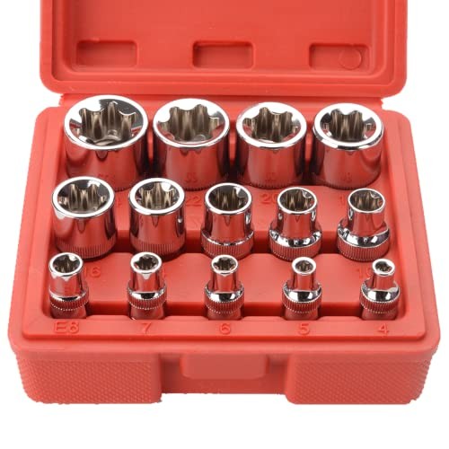 14 Pieces Female E-TORX Star Socket Set, E4 - E24 Torque Socket Set, 1/4"