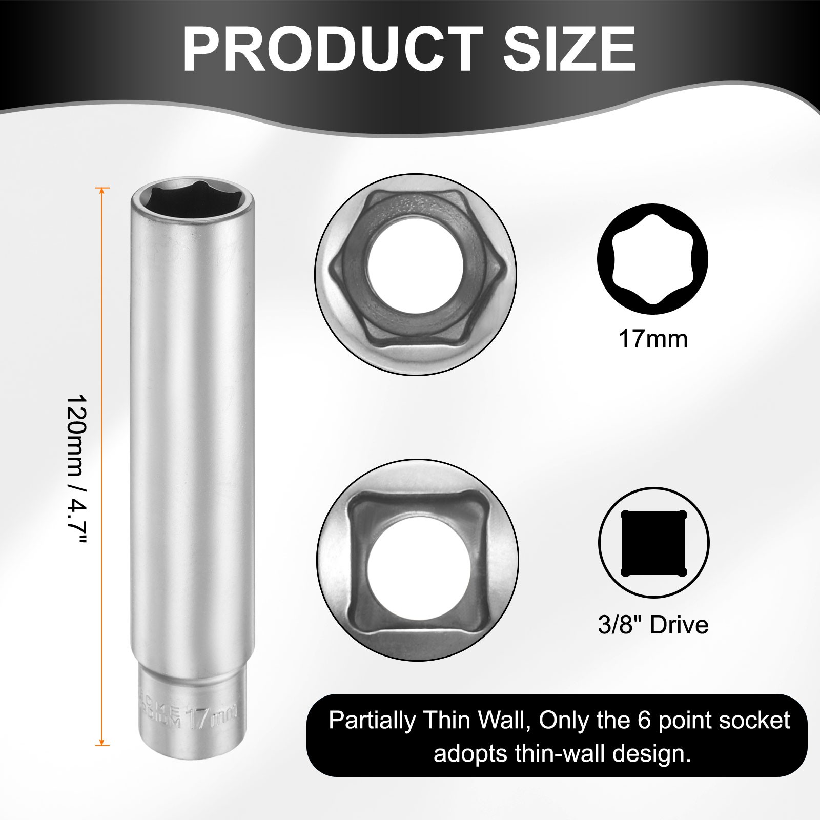 2pcs 6 Points Deep Socket 3/8" Drive 17mm Nickel Plating Flip Sleeve 4.7" Long