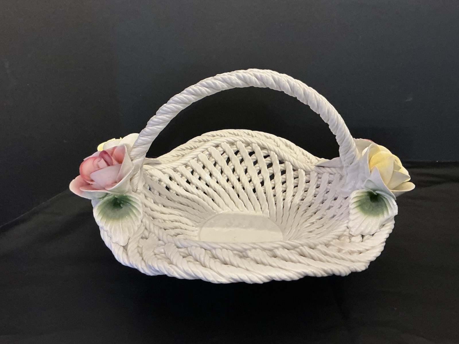 Large 13" Diameter Capodimonte Lattice & Roses Porcelain Basket