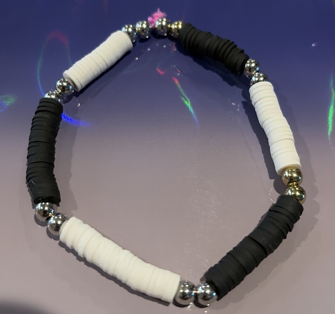 Black and White Colored Clay Bead 9” Bracelet Handmade Stretchy Band