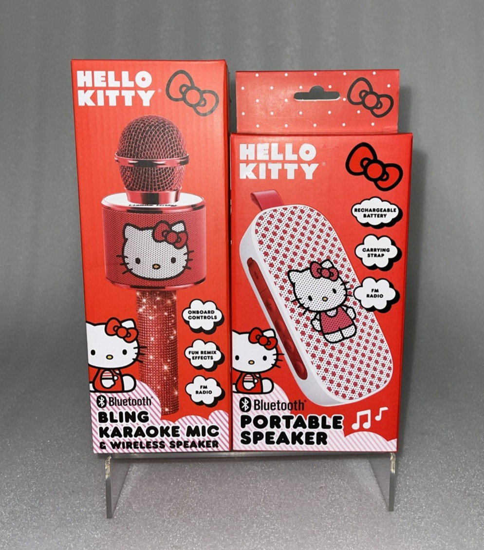 Sanrio Hello Kitty Bluetooth Red Portable Speaker & Bling Karaoke Mic Microphone