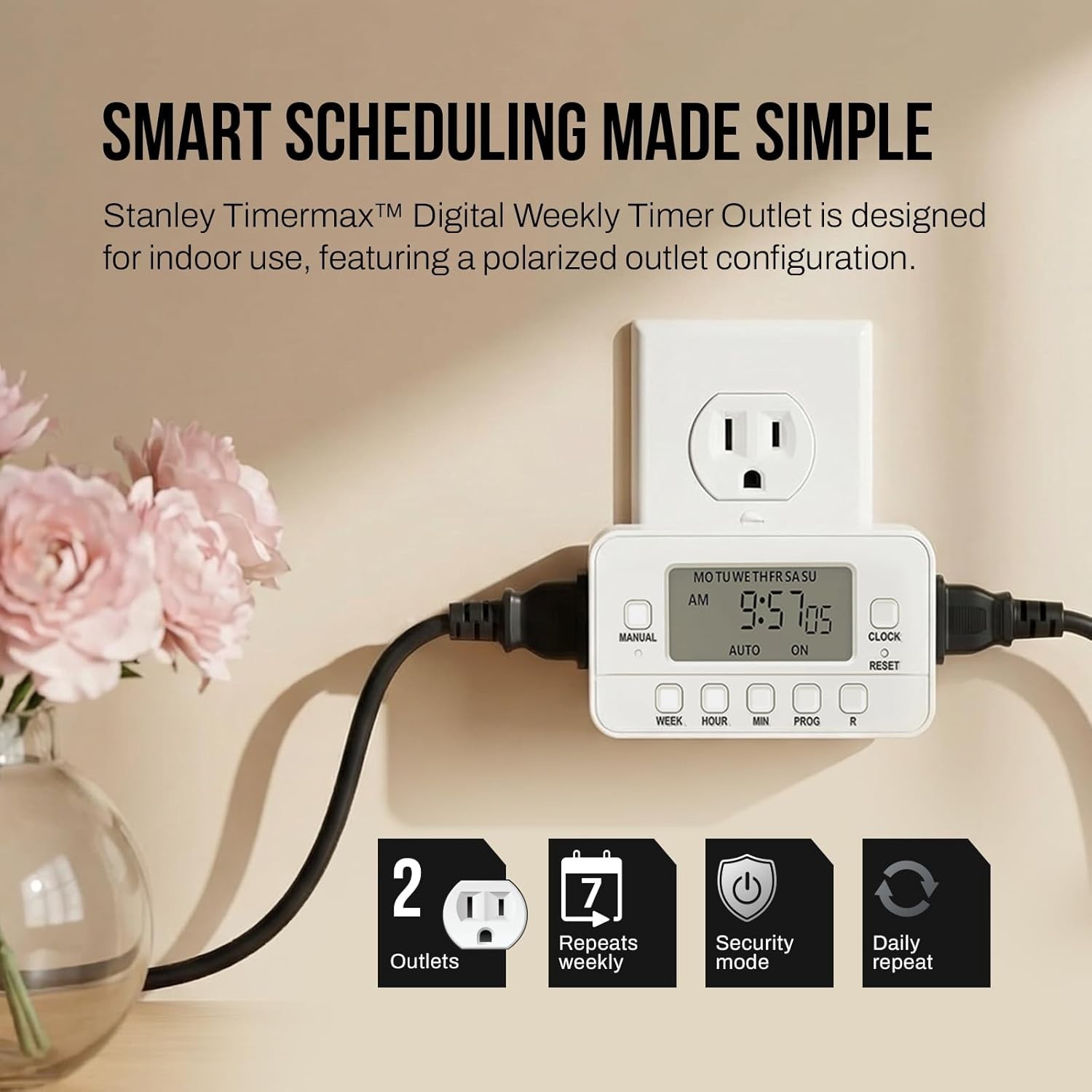 STANLEY 2-Outlet Weekly Digital Timer, Easy Set, Built-In Backup Battery