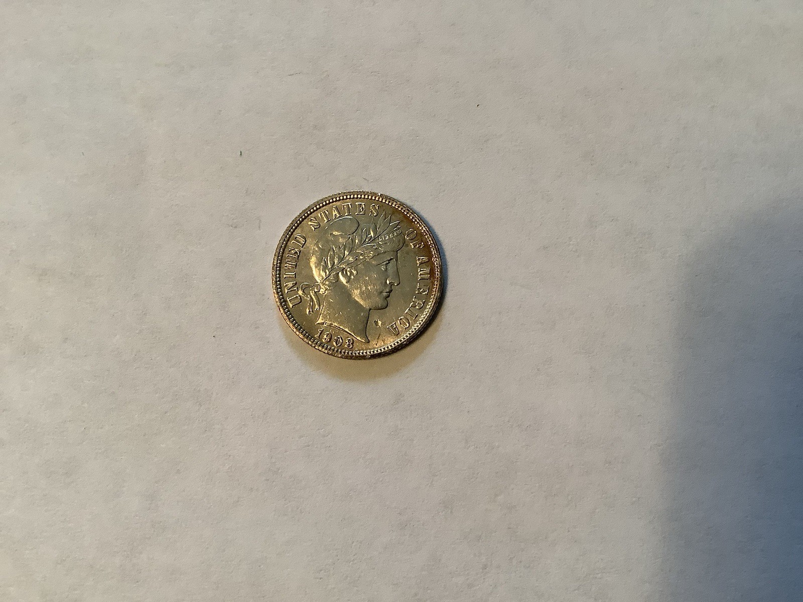 1908 US Barber Silver Dime/ UNC/ Nice Luster W/ Edge Toning