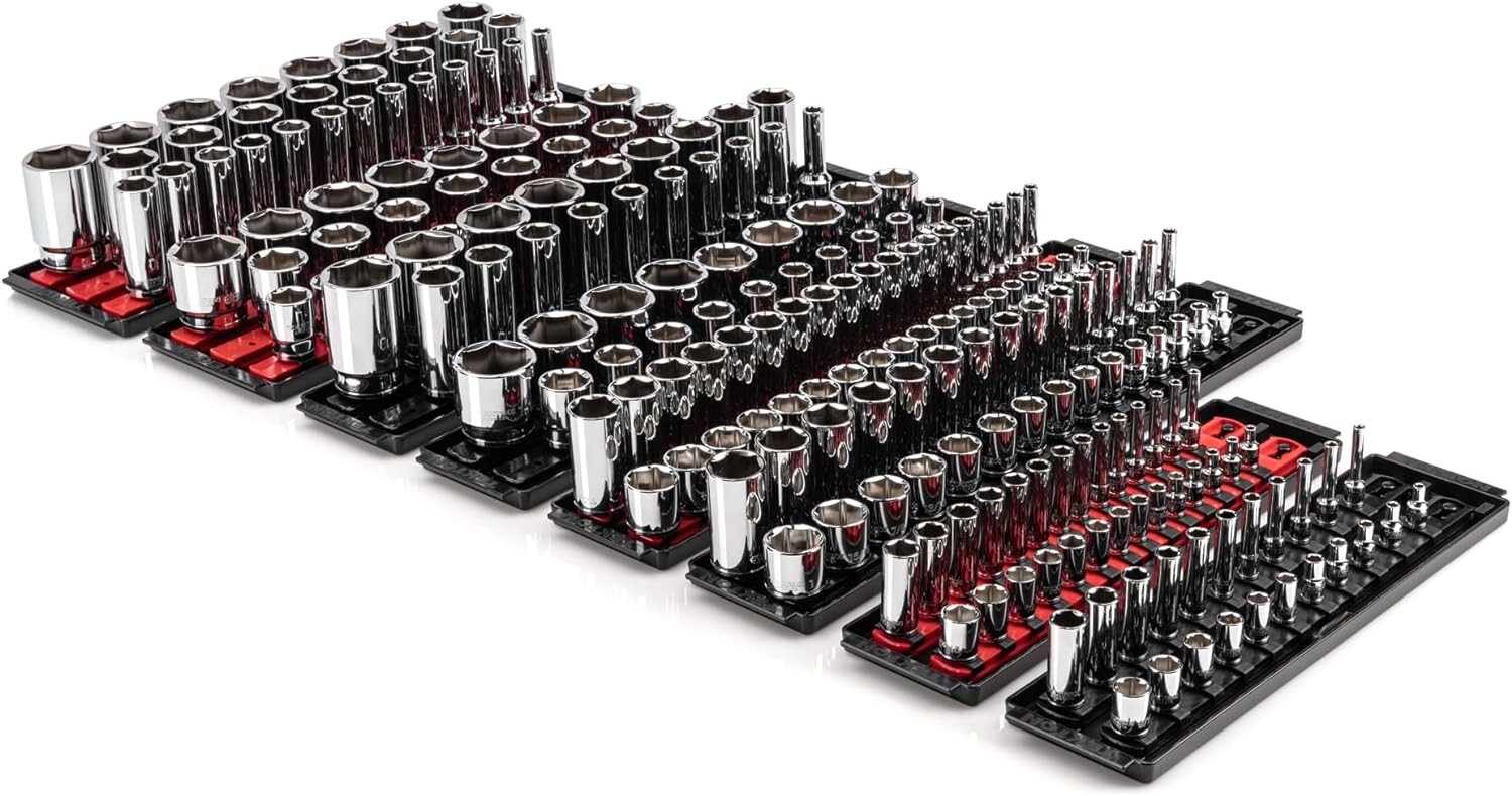 Tekton 1/4, 3/8, 1/2 Inch Drive 6 Point. Socket Set On Rails (214 Pieces)
