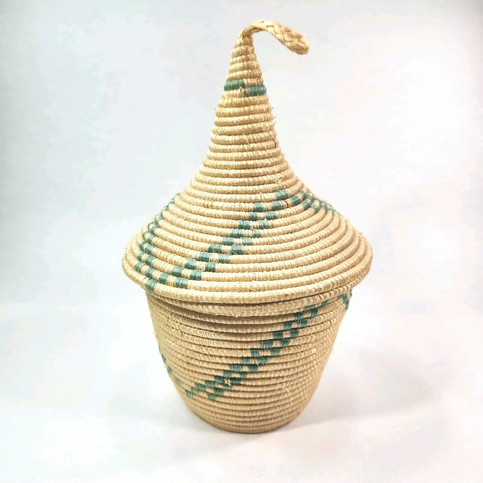 Handwoven Grass Coil Sisal Basket Green Accents With Domed Lid