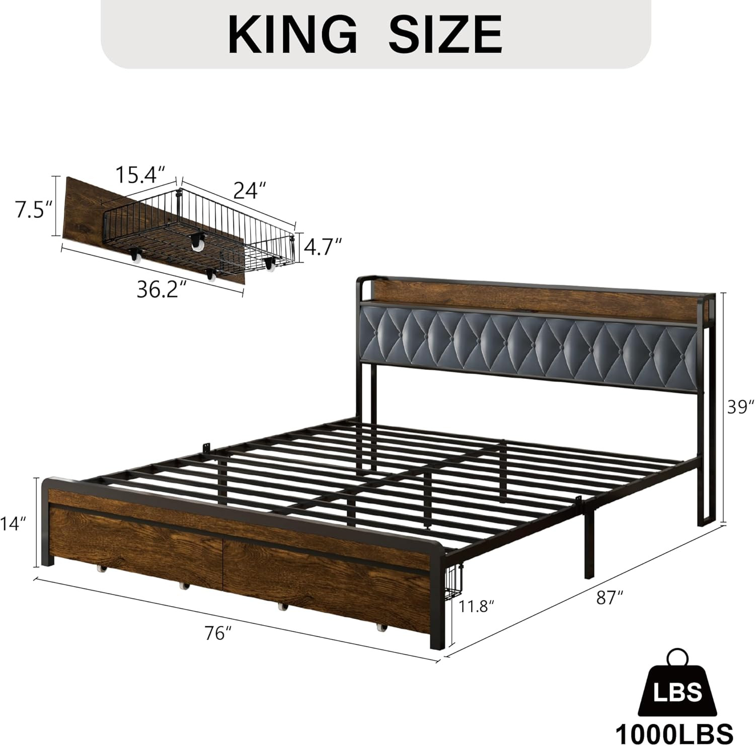 King Size Metal Bed Frame with Storage Drawers, LED Light & Charging Station