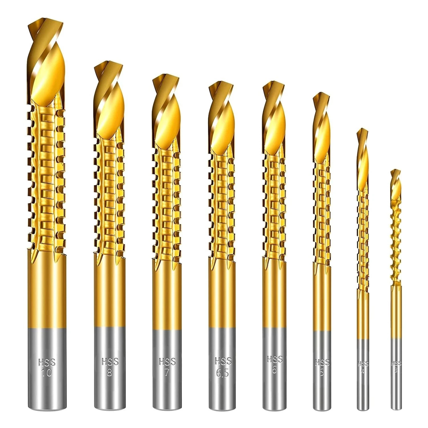 8 Pack Titanium Coated HSS Twist Drill Bits, 3-10mm Serrated Side Cutting Dri.