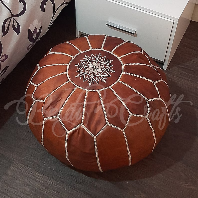 Vintage Brown Moroccan Leather Ottoman Footstool Bohemian Pouf New 24''Round