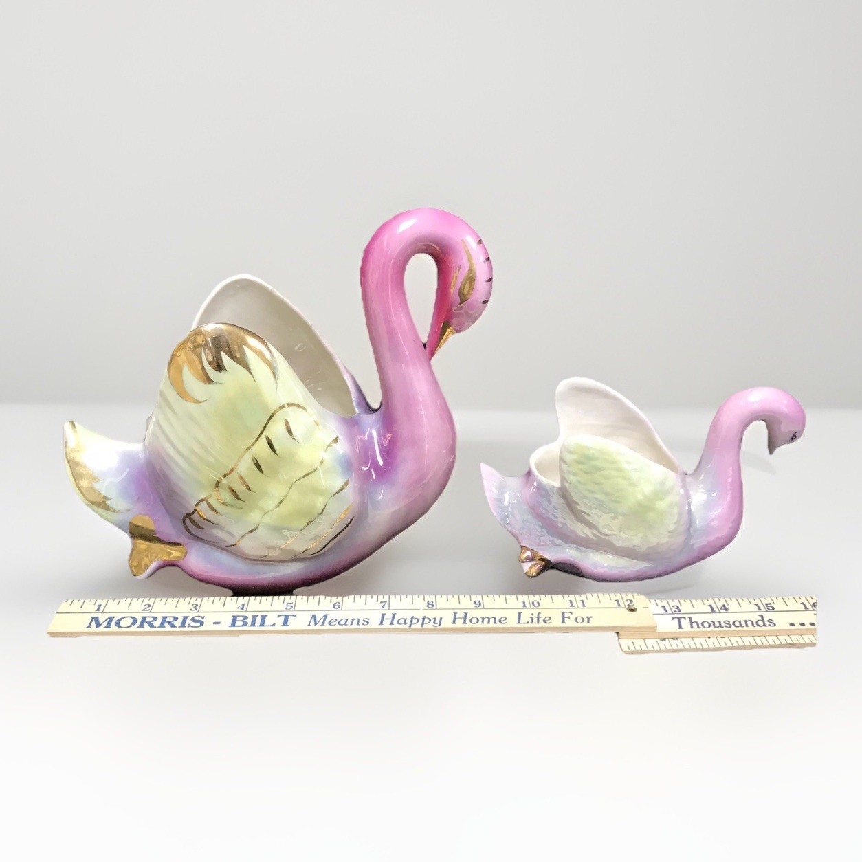 Pair MCM Lusterware Swan Planters Pink Marked COLONIAL CHINA