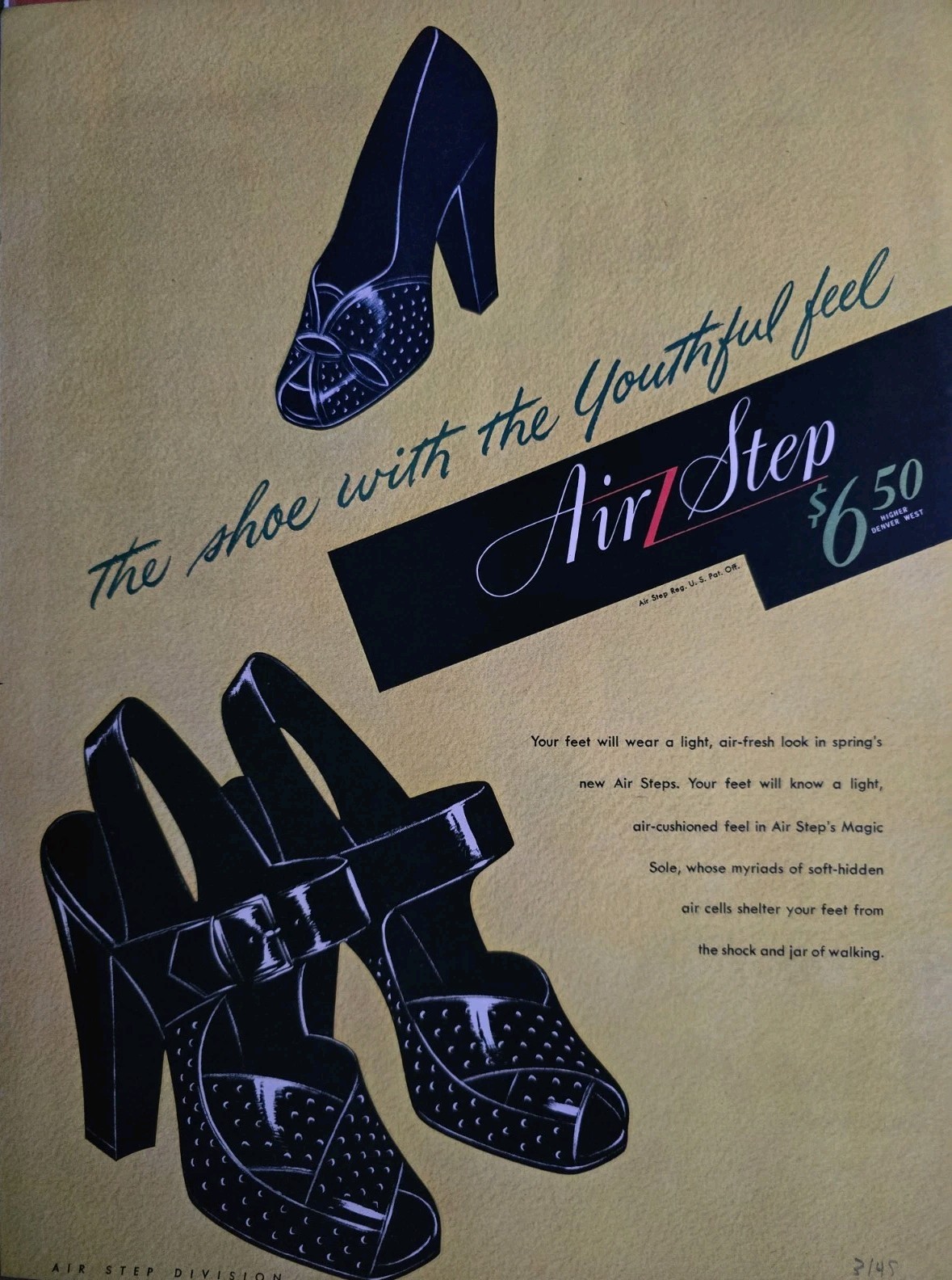 1945 Women's Air Step Black Patent High Heel Shoes Vintage fashion Art Ad