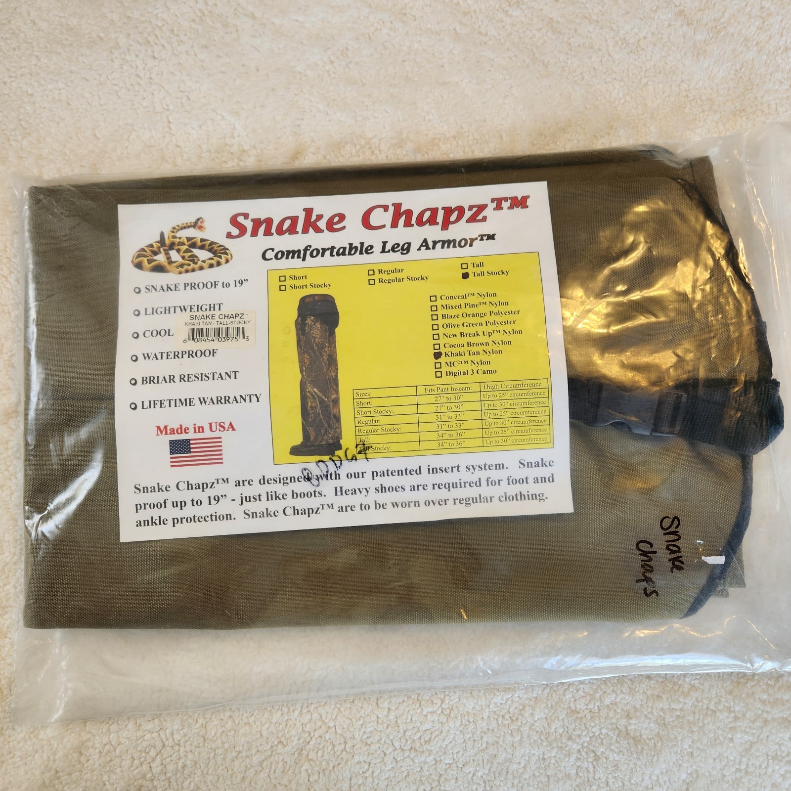 New SNAKE CHAPZ Comfortable Leg Armor Tall Stocky Waterproof Nylon Unused