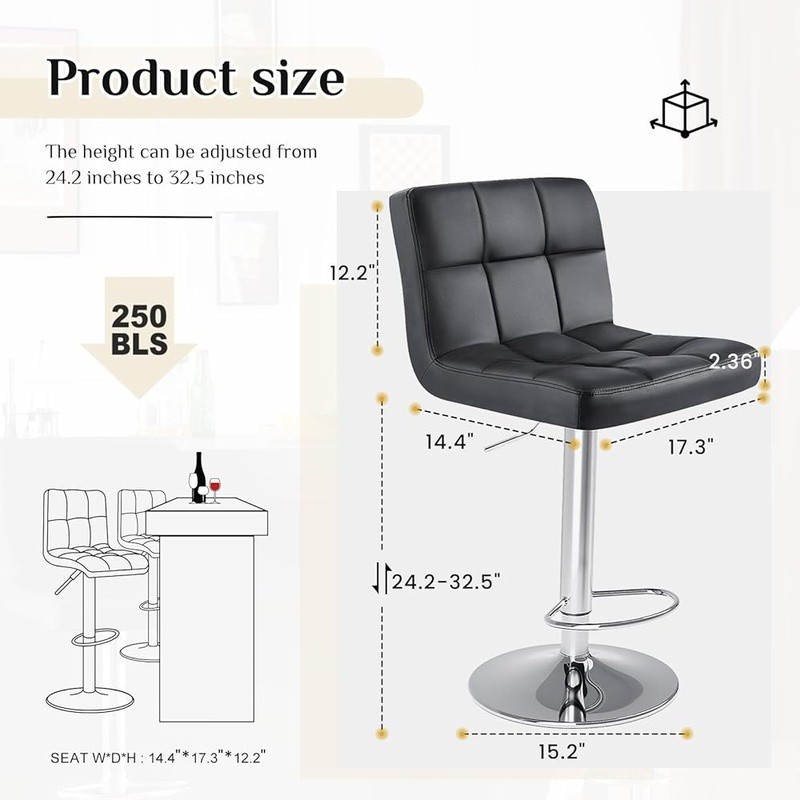 Adjustable Bar Stools 360° Swivel Footrest Ergonomic Design Kitchen Dining New