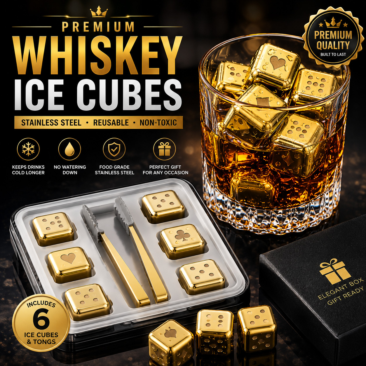 Reusable Whiskey Stones Stainless Steel Ice Cubes Wine Beer Cooler Set