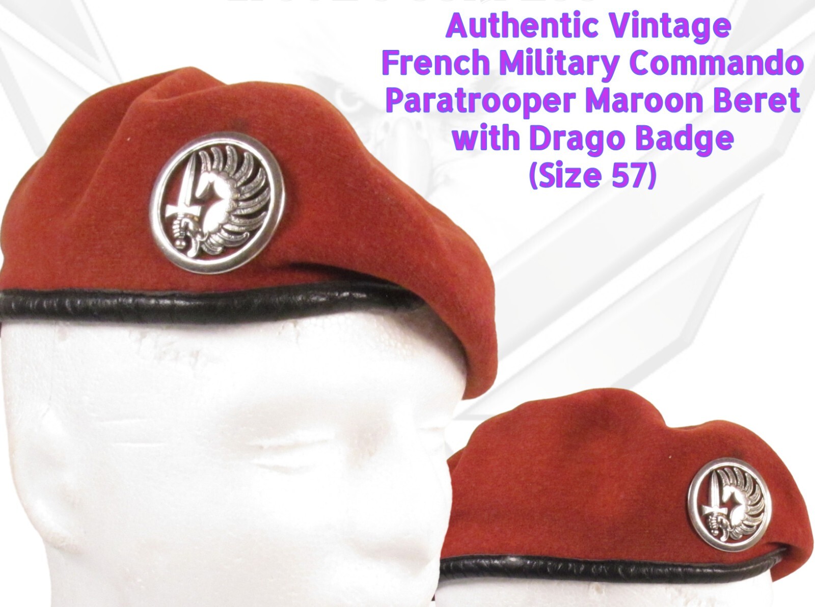 Vintage French Commando Paratrooper Maroon Beret Drago Crest Authentic EU 60 K1