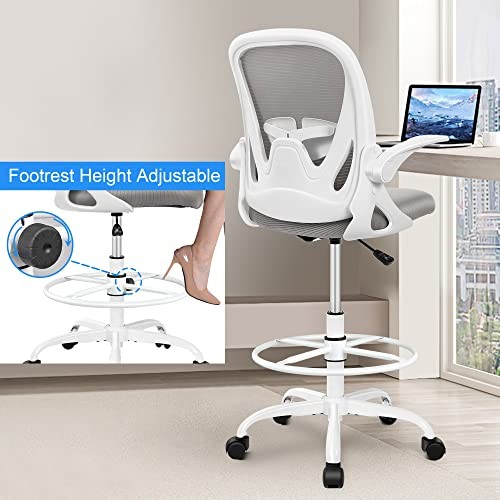 Primy Ergonomic Drafting Chair with Flip-up Armrests Tall Office Chair Grey