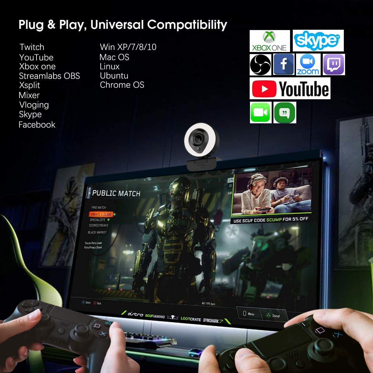 Webcam Streaming 1080P Full HD with Dual Microphone and Ring Light, USB Stream
