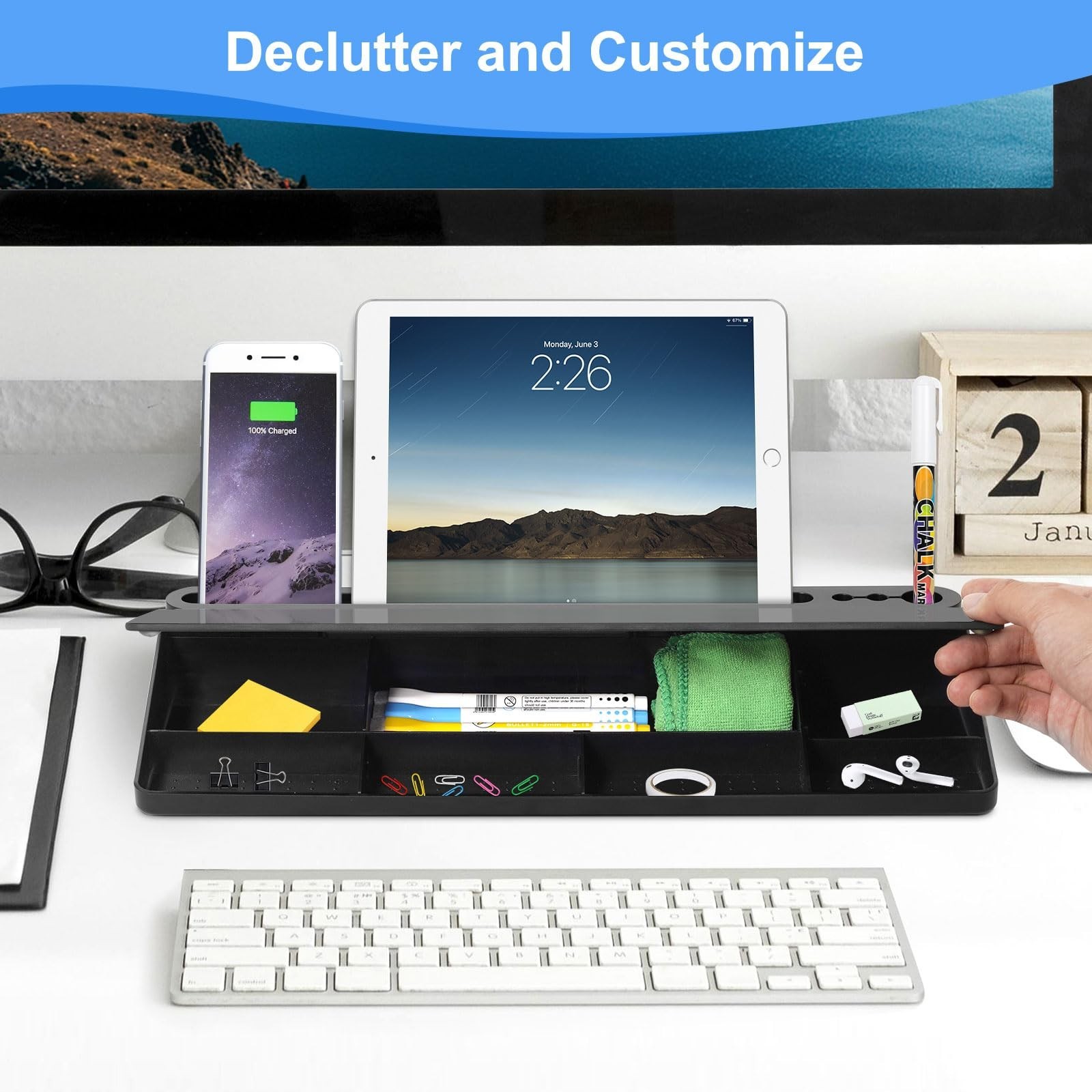 Desktop Glass Whiteboard with Storage, Desk Board with Computer Keyboard Stan...