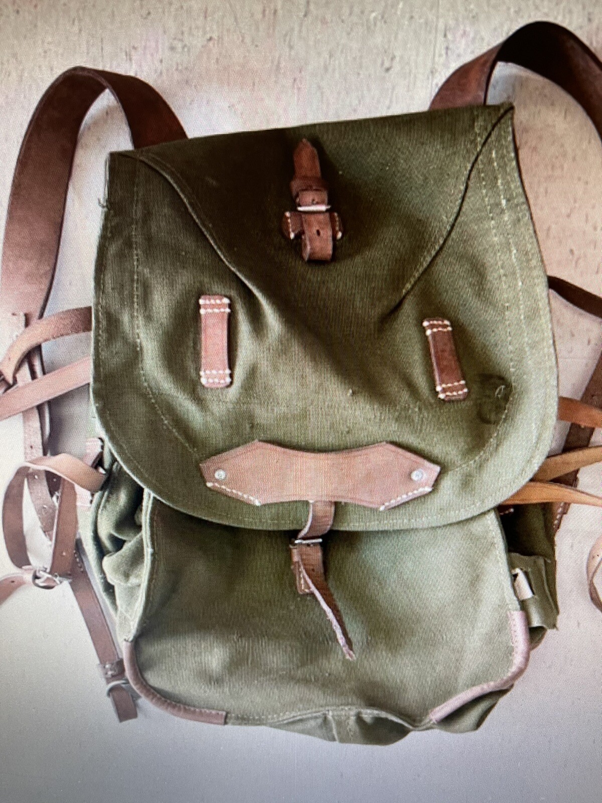 Vintage Romanian Army Canvas Backpack With Leather Shoulder Straps unused Mint.