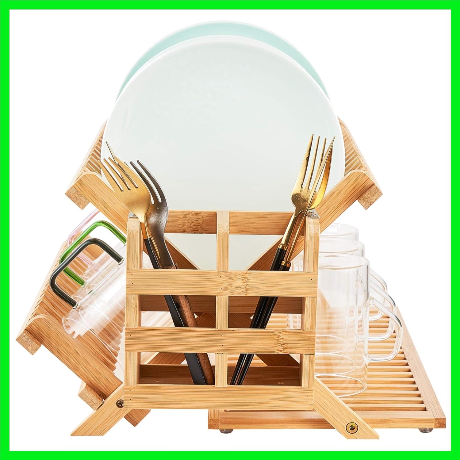 Bamboo Dish Drying Rack 3 Tier Collapsible Dish Rack With Utensil Holder Wooden