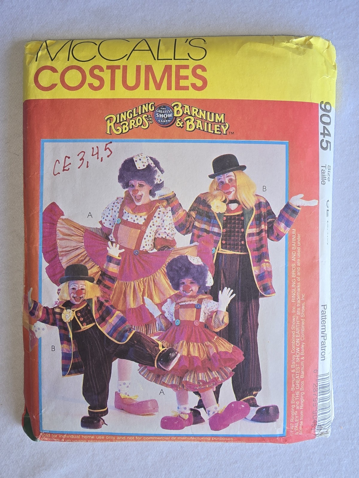 McCall's 9045 Costume Pattern Circus Clowns Children Sz3-8 Adults  Sz34-44 Uncut