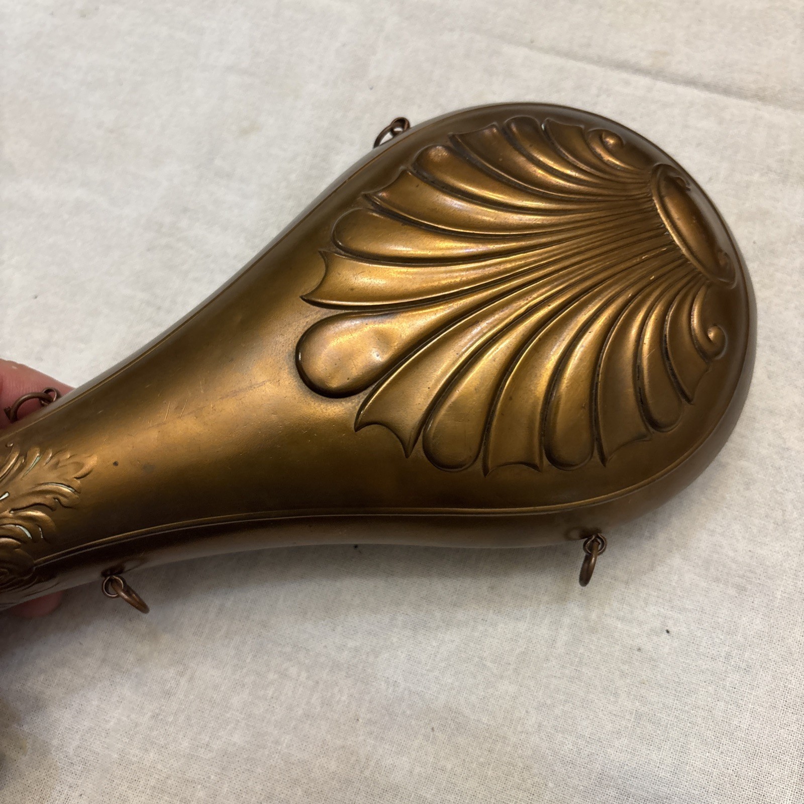 Antique Copper & Brass Black Powder Flask – Floral Shell Embossed