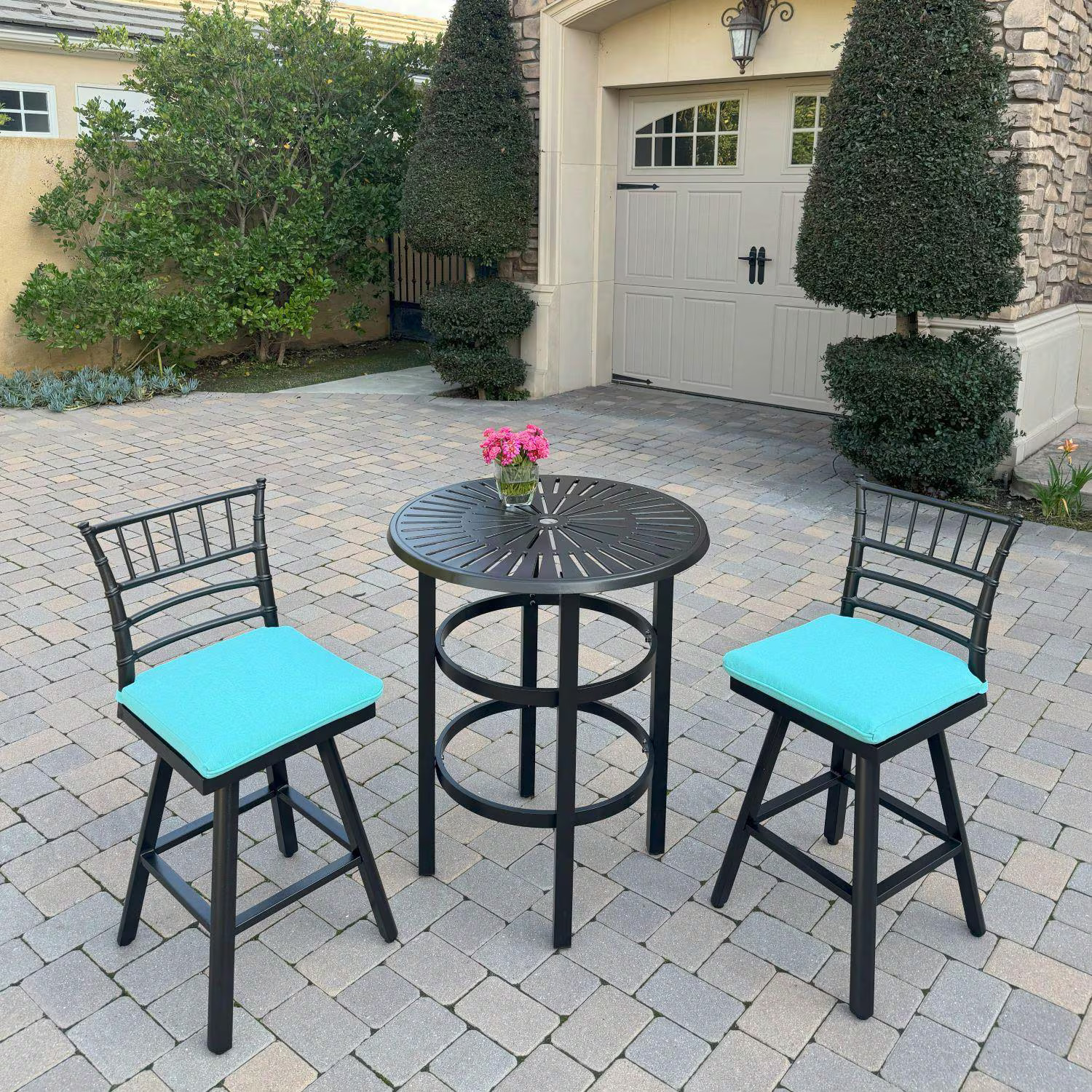 Bella Aluminum 3 Pc Patio Bar Set 30-in Round Counter Height Bar Table in Blue