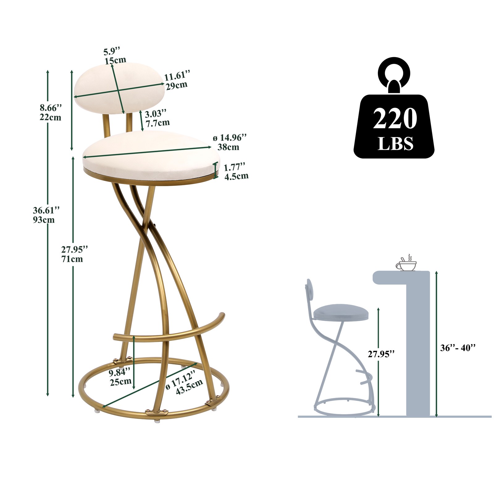 Round Bar Stool Armless Velvet Barstools with Back Set of 2 Upholstered Counte