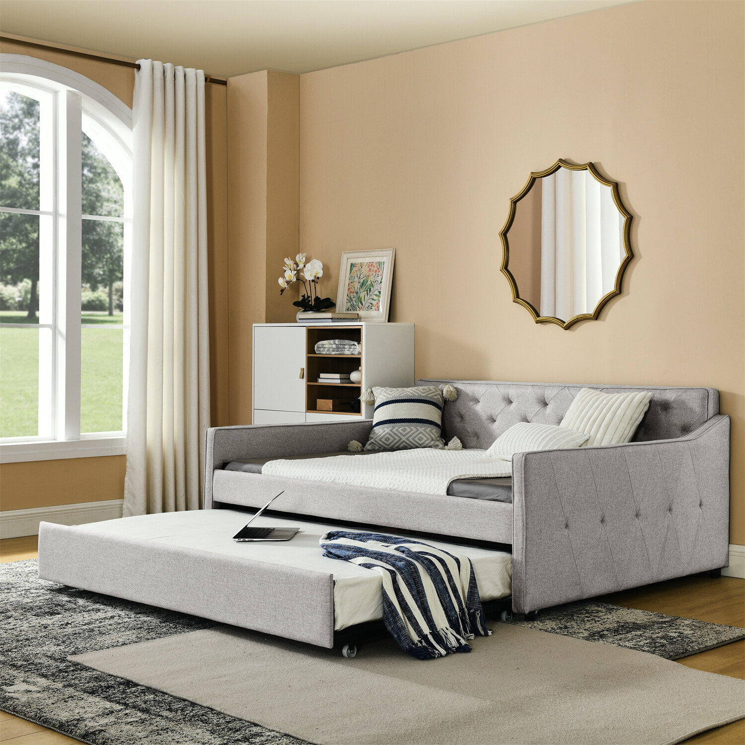 Full Size Daybed w/ Pull-Out Trundle Bed Linen Upholstered Bed Frame Sofa Bed US