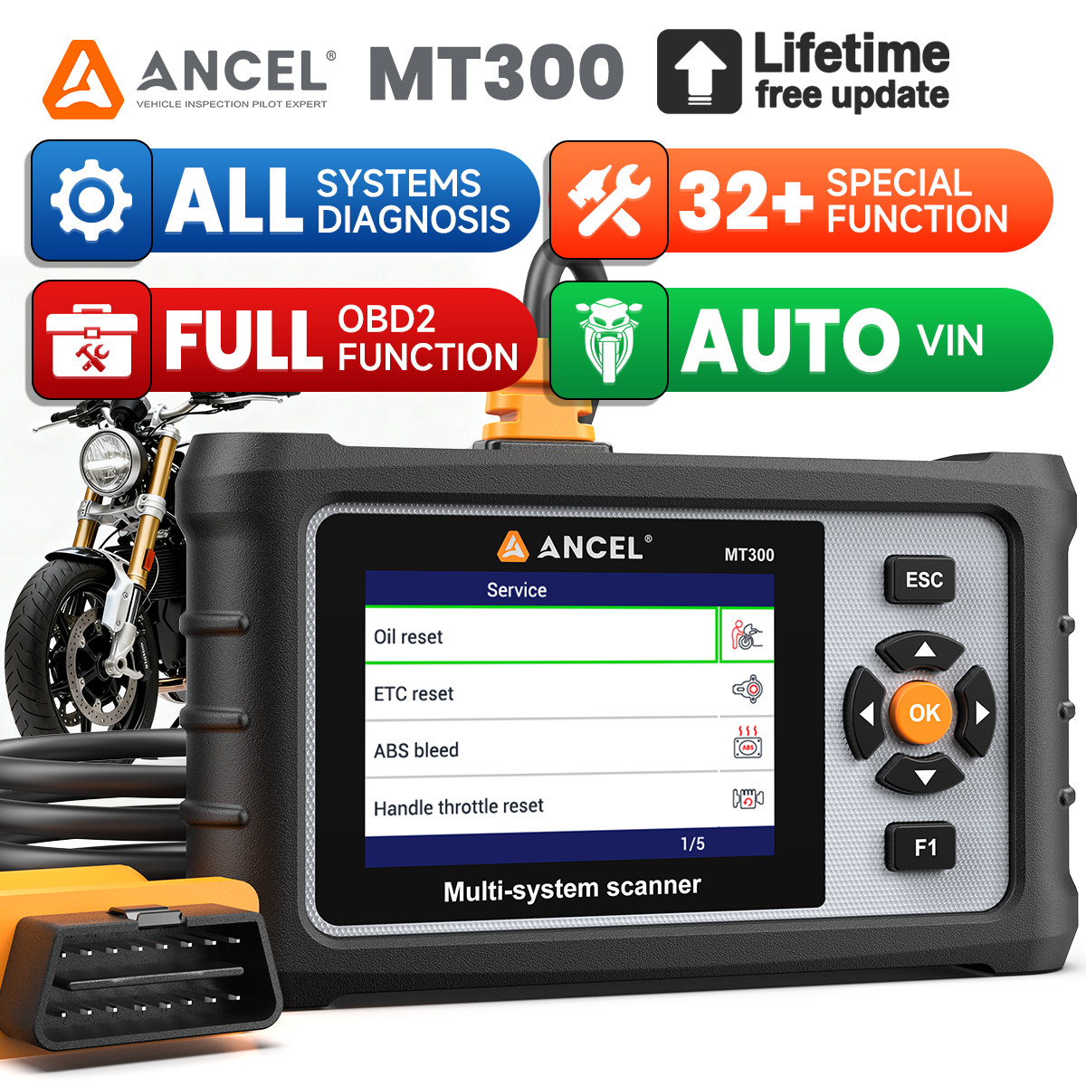ANCEL MT300 Fit For BMW Motorcycle Scan Tool OBD2 Fault Code Clear Oil Reset