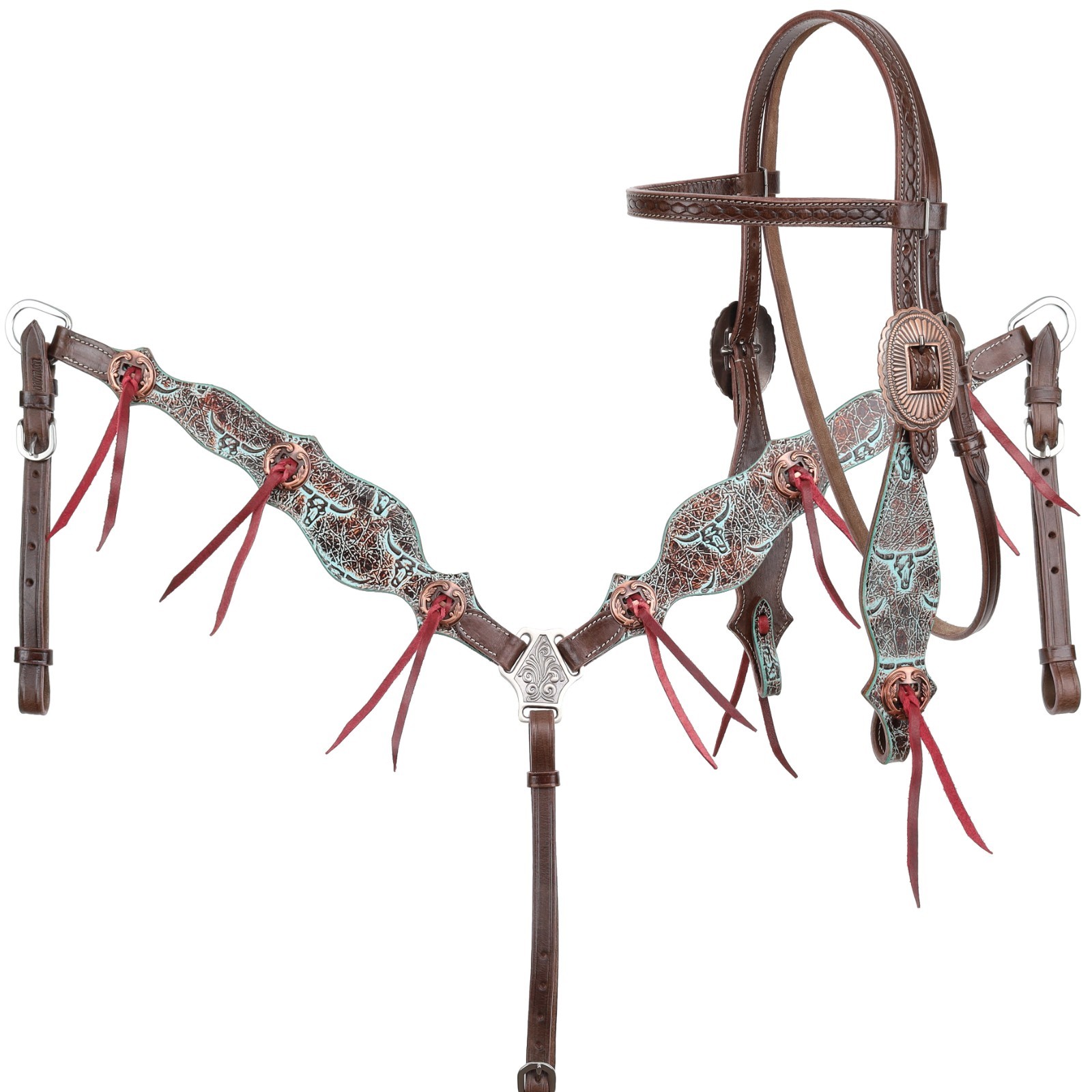 Weathered Steer Print Overlay Browband Headstall & Breast Collar & Reins NEW