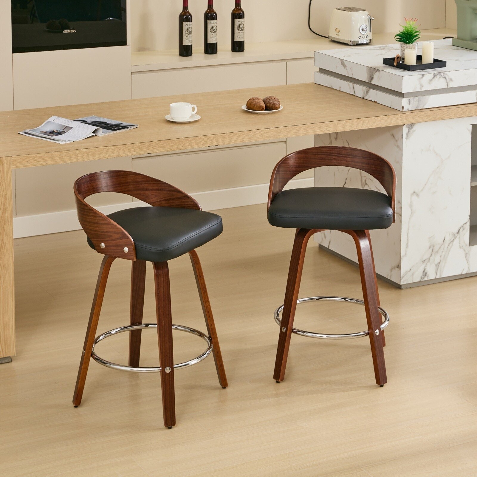 2PCS Wood Barstools Swivel Footrest Bar Chairs Low Back Black PU