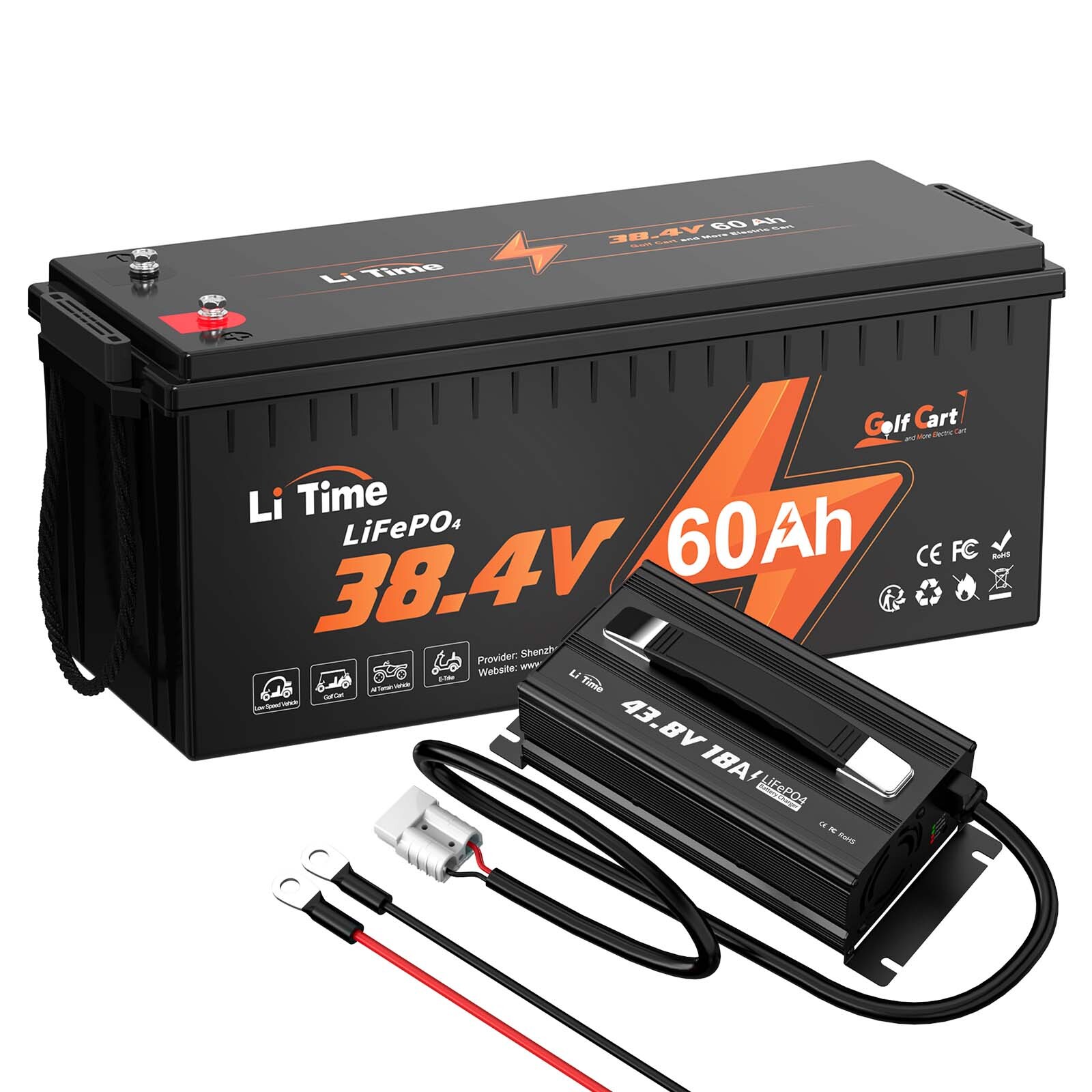 LiTime 36V/38.4V 60Ah Golf Cart LiFePO4 Lithium Battery with 43.8V 18A Charger