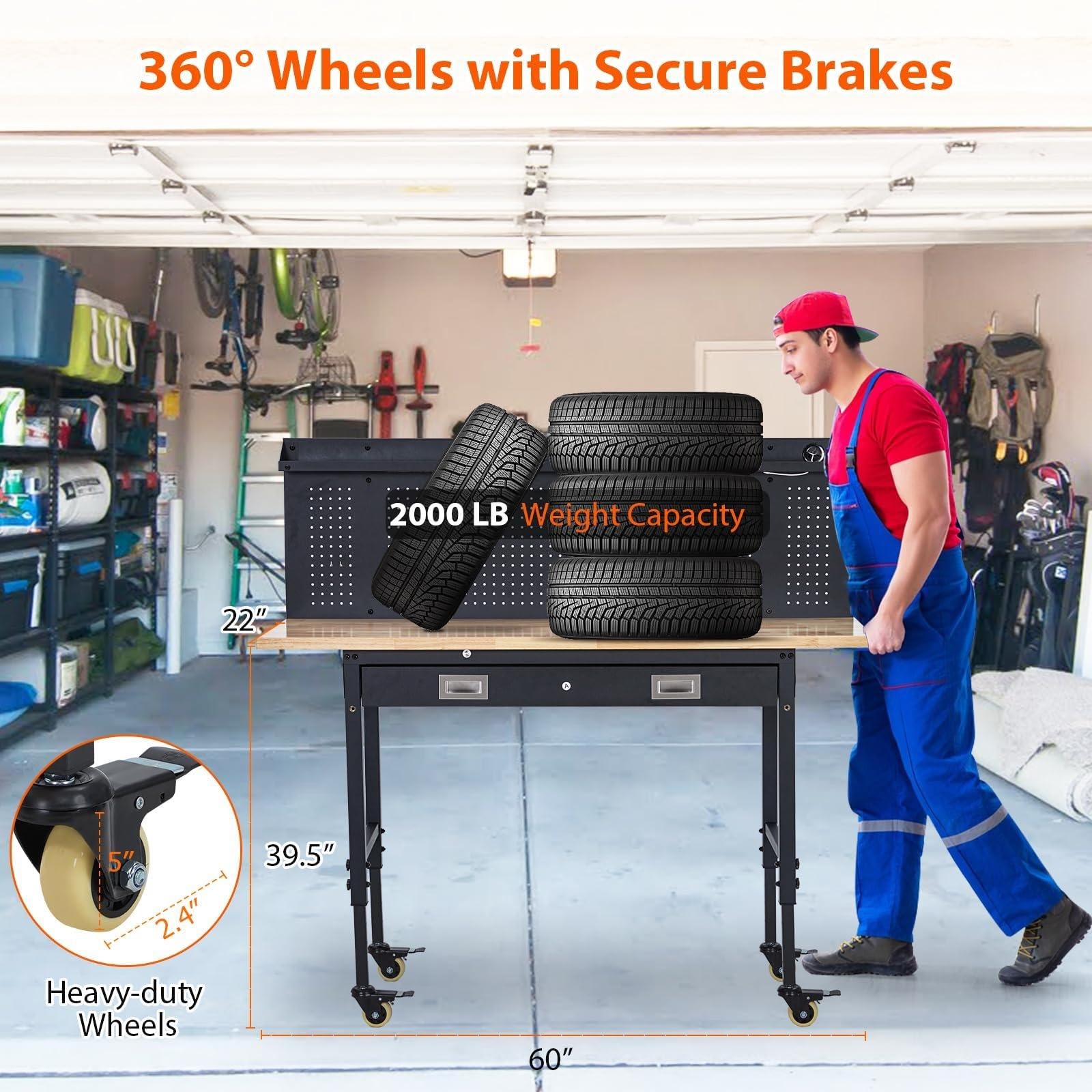 60" Adjustable Workbench ,Rubber Wood Work Table Garage w/Power Outlet & Wheels