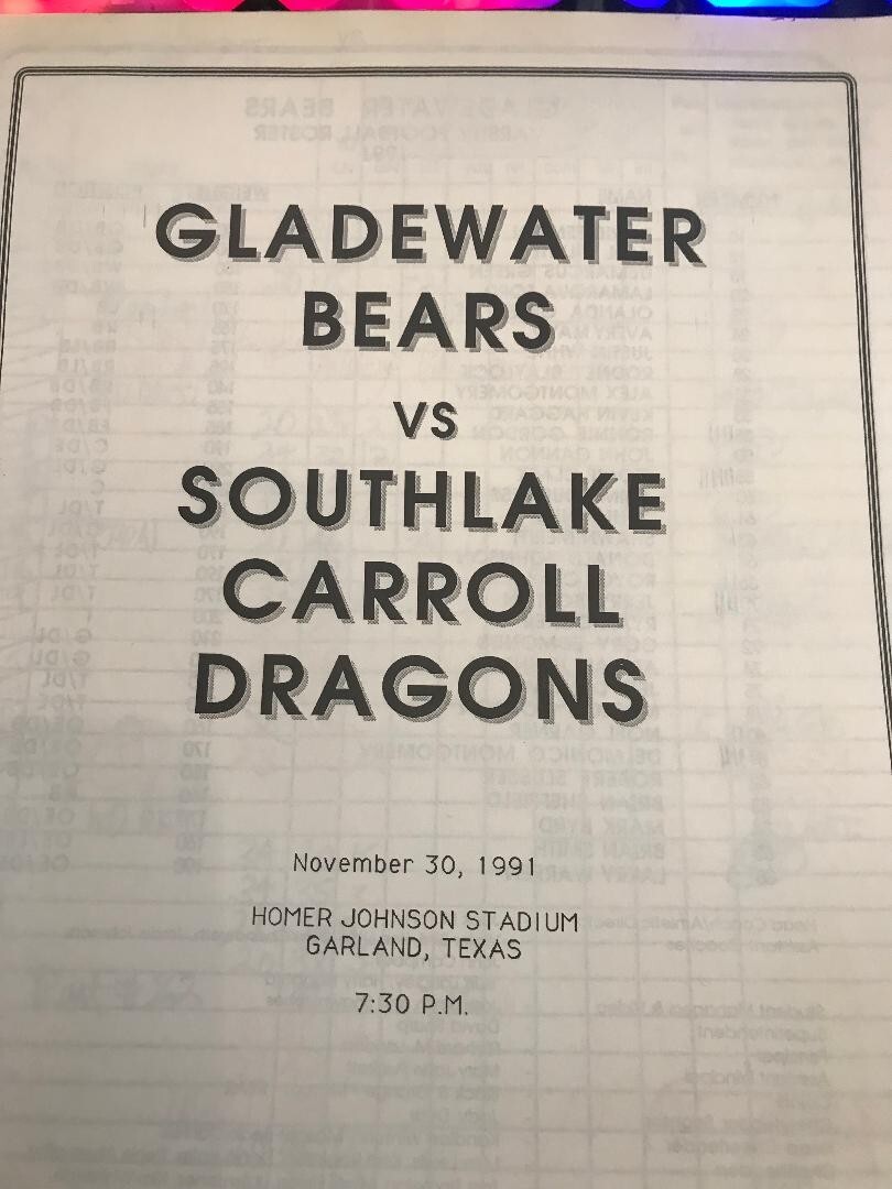 '91 Southlake Carroll vs. Gladewater TX H.S. Football Regional Playoff Program